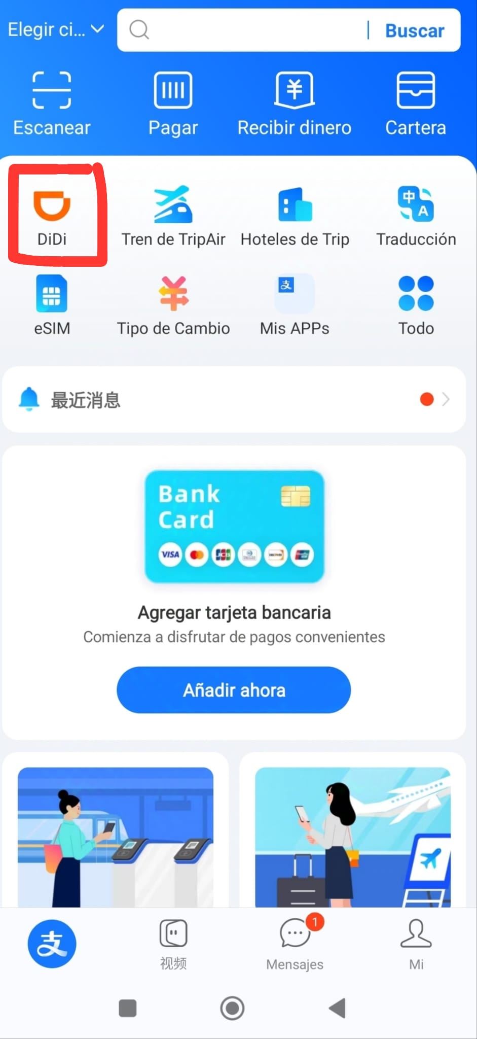 Aplicación de Didi integrada en Alipay